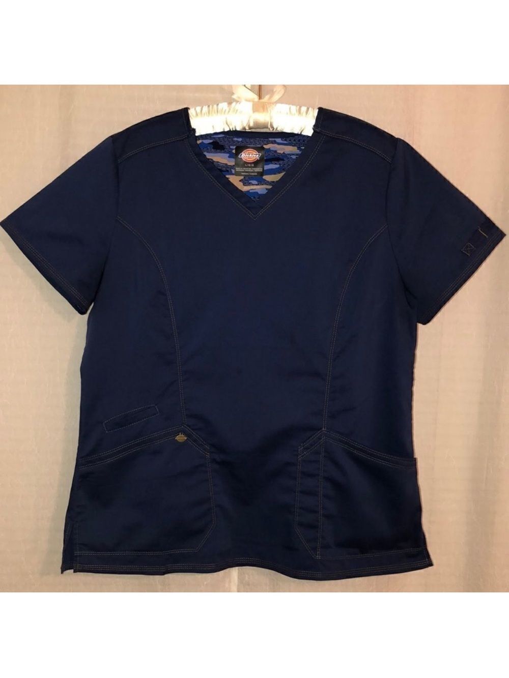 Dickies L Navy Scrub Top with Gold Thread Details